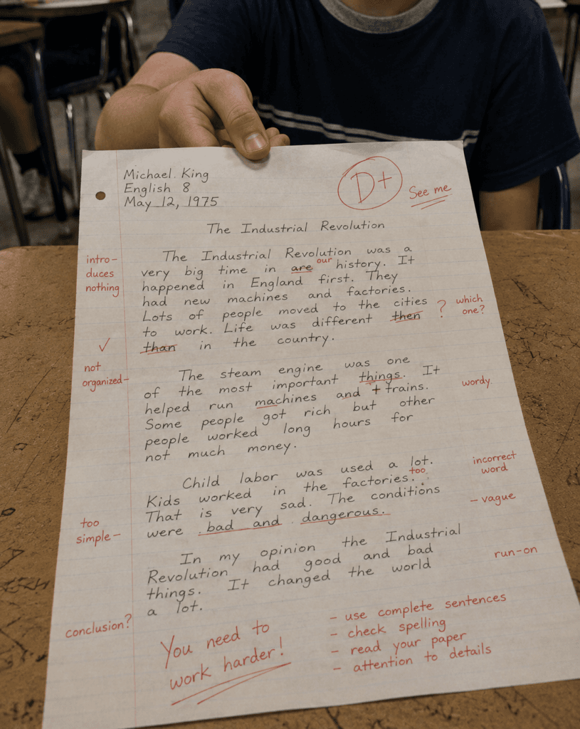 Michael King’s eighth-grade English essay on the Industrial Revolution, marked in red with a D+ and the comment “You need to work harder”