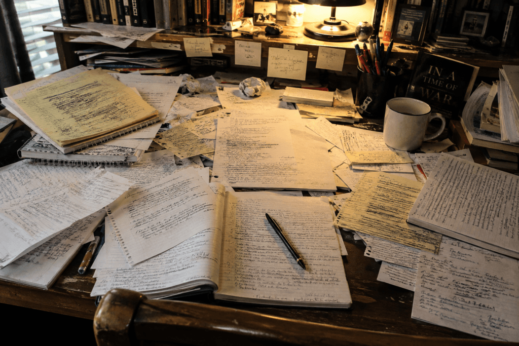 A writing desk covered in handwritten notes, legal pads, pens and a coffee mug