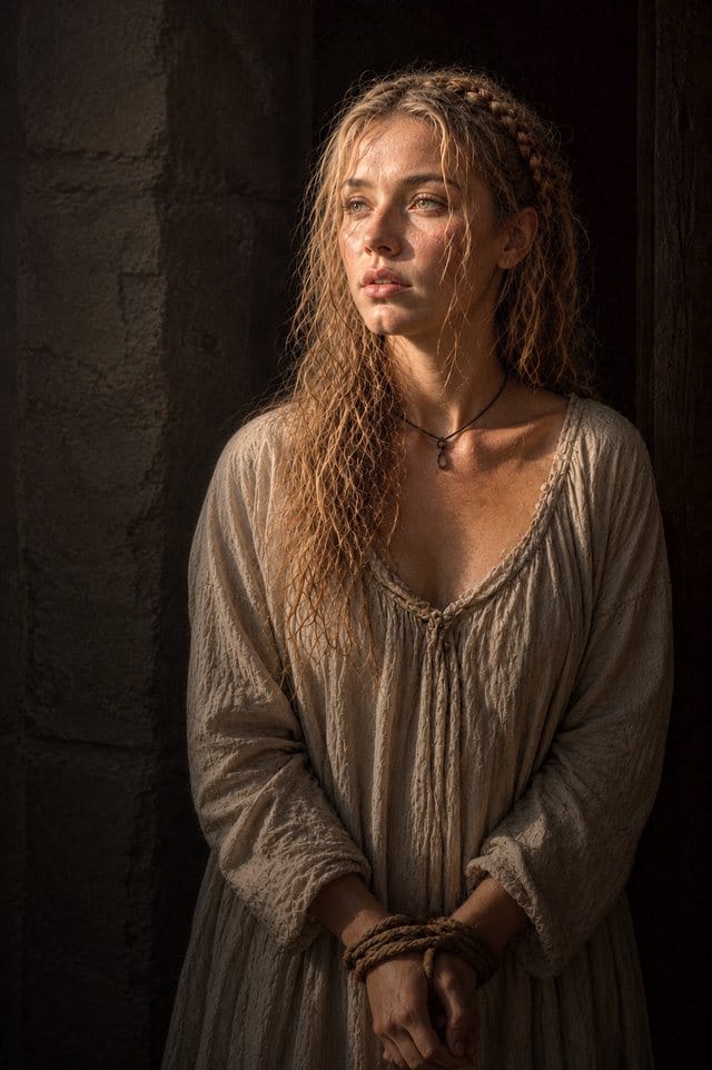 Brenzel in the condemned cell, her hands bound