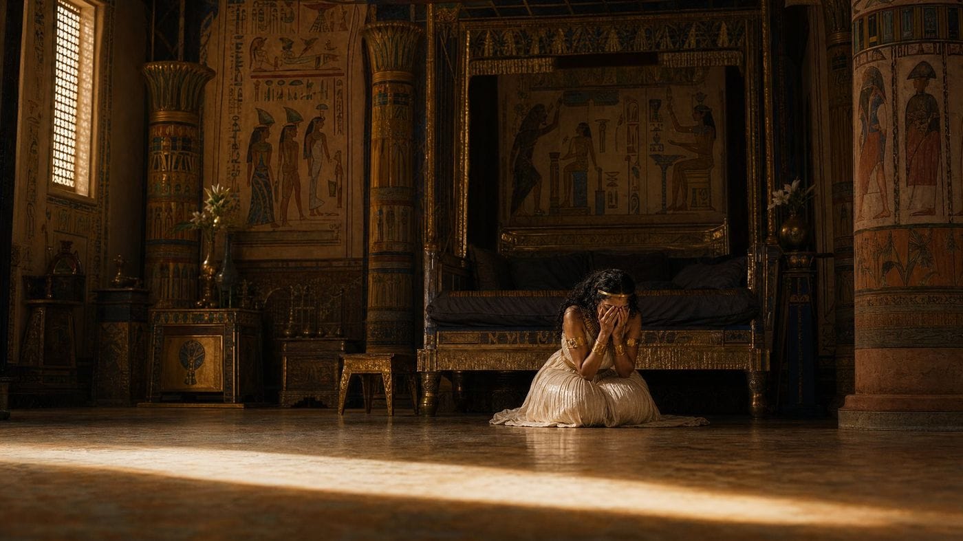 A hall built at the scale of a god, and one small figure kneeling at the far end of it.