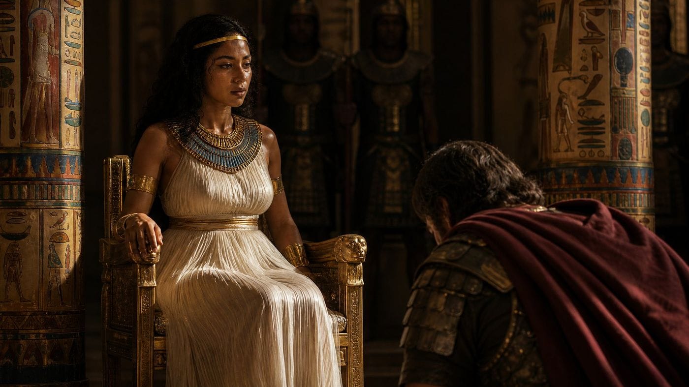 Seated on a carved chair, a man in a red cloak bowed low before her.