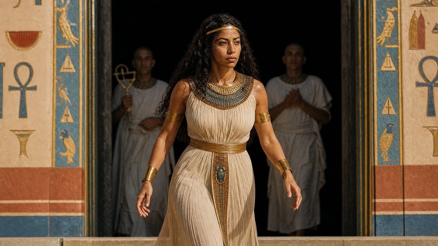 Walking through a lit doorway into black, attendants in white either side.