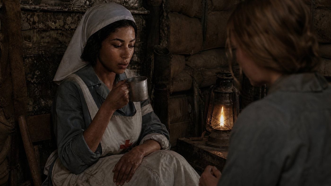 A nurse in a white veil drinking from a tin cup in a candlelit dugout.
