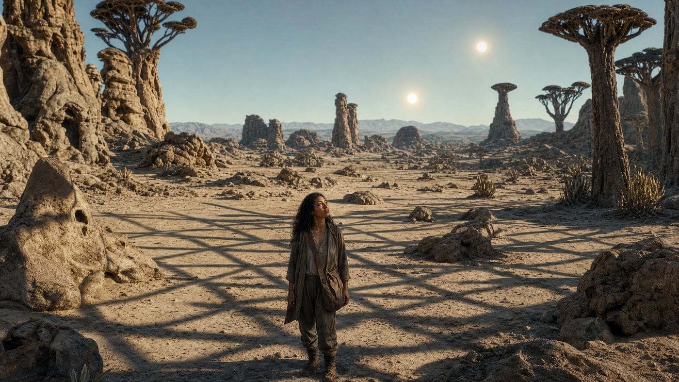 A lone figure walking a pale desert under two moons, among vast bottle-trees.