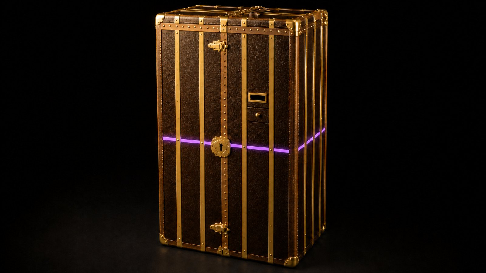 Brenzel's steamer trunk, closed: five feet tall, tree-bark leather and gold, a violet light band, a keyed gold lock, and a letter slot with a small drawer