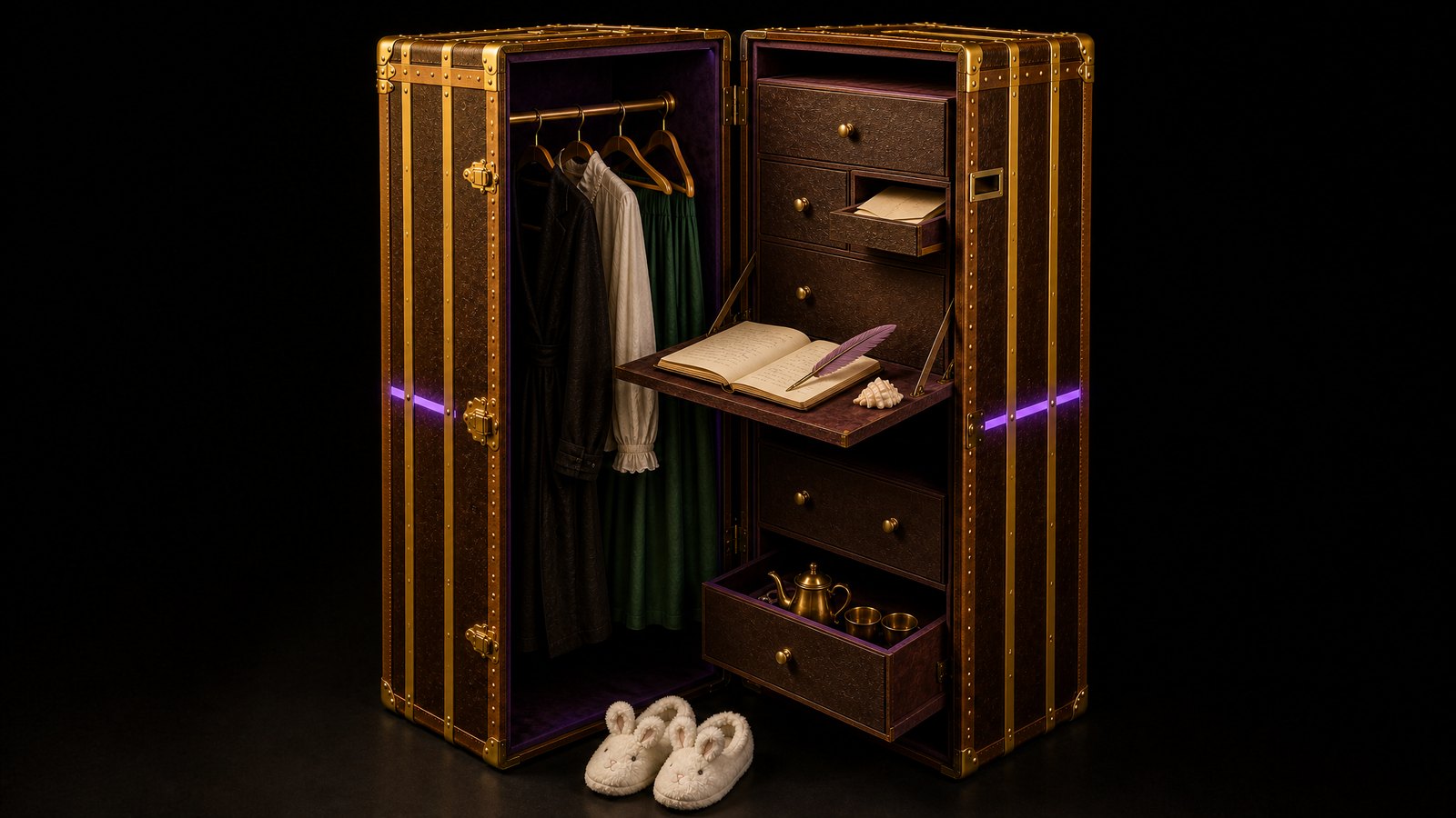 Brenzel's steamer trunk standing open: her clothes on gold hangers, a writing desk with diary and quill, the letter drawer with an envelope, a coffee drawer, a sea shell and bunny slippers