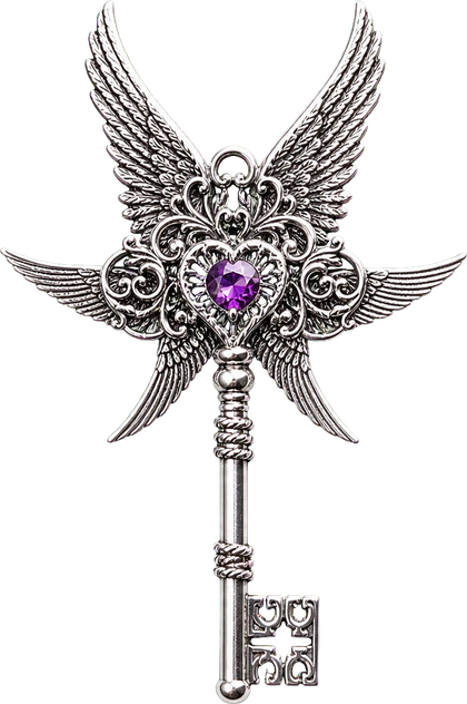 The key to Brenzel's trunk: silver, with six wings and a violet stone. Drag it to the lock, or press Enter.