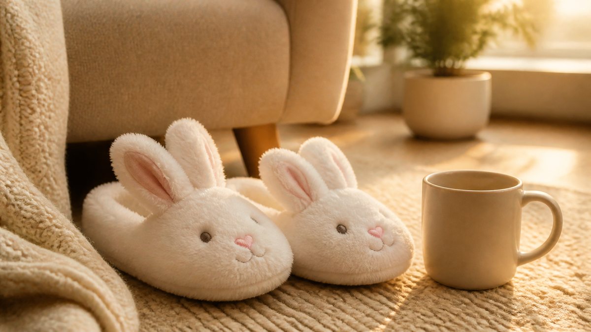 Fluffy white bunny slippers beside an armchair and a cup of coffee