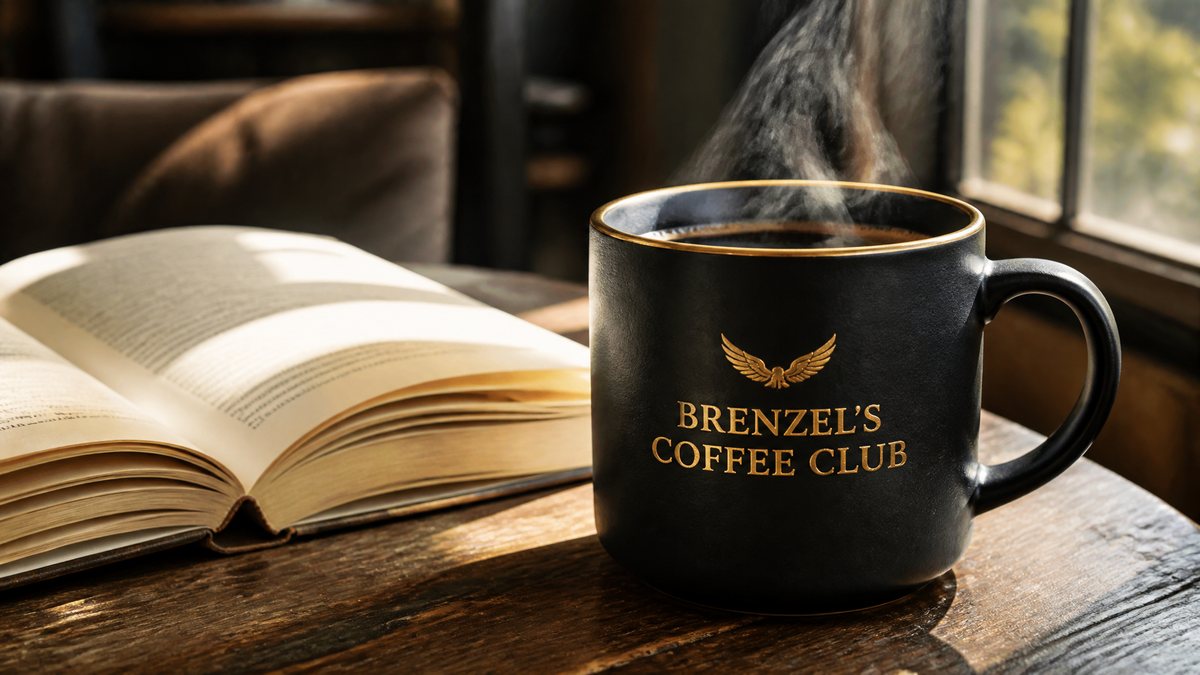 A charcoal Brenzel's Coffee Club mug with a gold rim and gold wings, steaming beside an open book