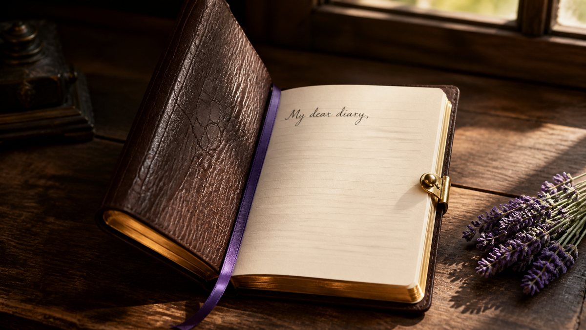 A bark-leather diary with gilded edges and a violet ribbon, open to a page that begins My dear diary