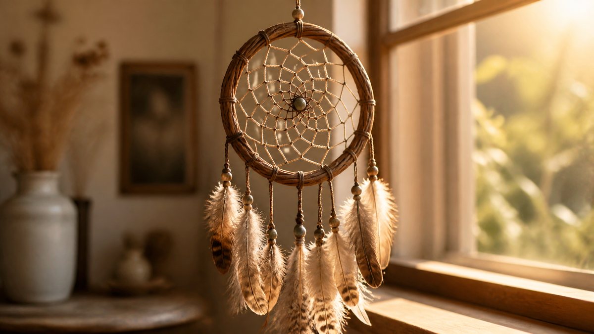 A handmade dream weaver of willow, sinew, beads and feathers by a sunny window