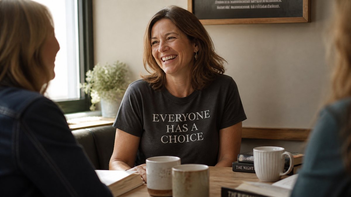 A woman laughing at a book club table in an Everyone Has a Choice t-shirt