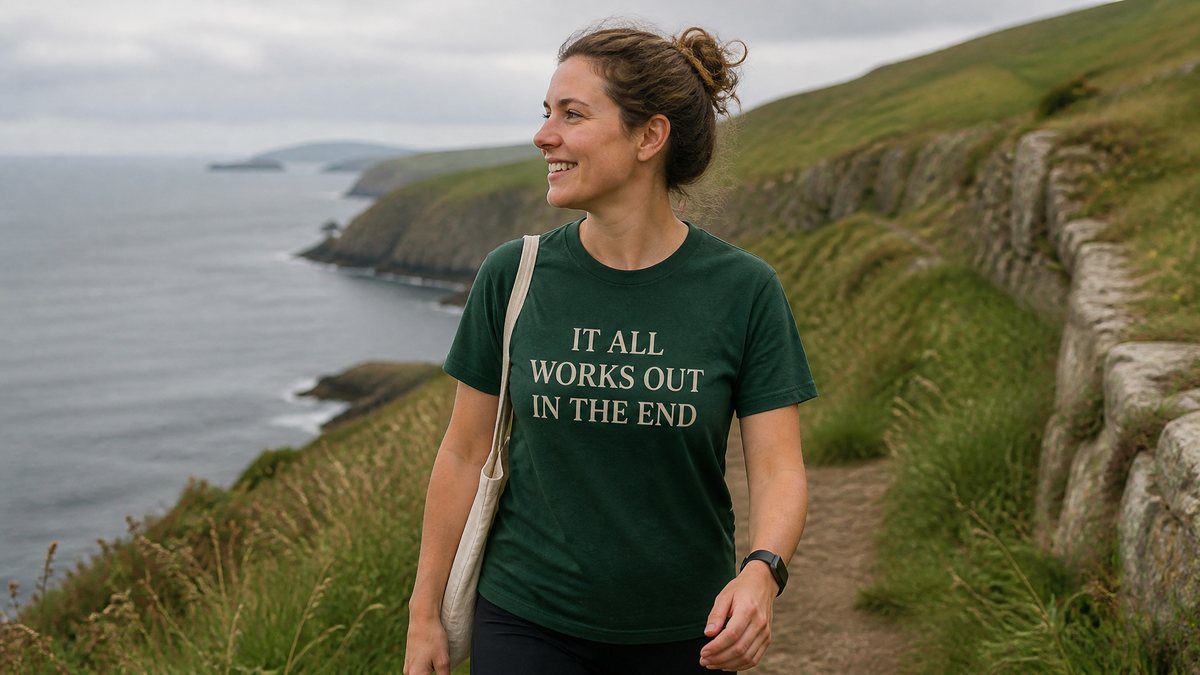A walker on an Irish coastal path in an It All Works Out In The End t-shirt