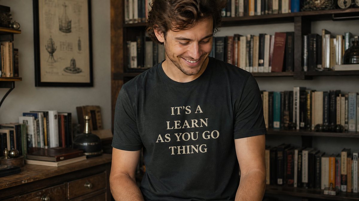 A young man in a library wearing an It is a Learn As You Go Thing t-shirt