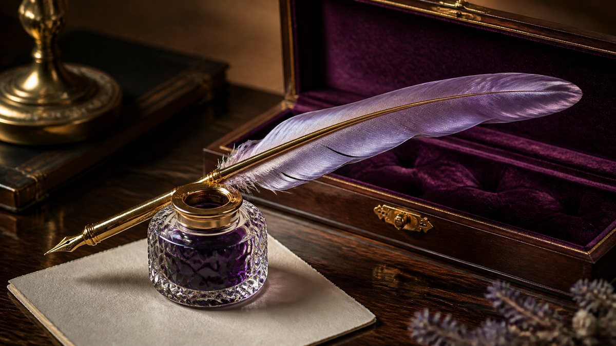 A violet feather quill pen with a gold nib on a crystal inkwell of violet ink, beside its velvet box