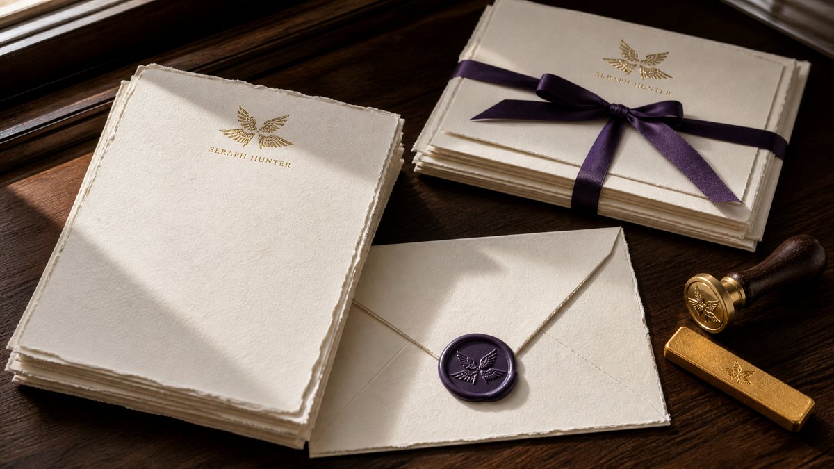 Seraph Hunter writing paper and envelopes with a gold winged crest and a violet wax seal