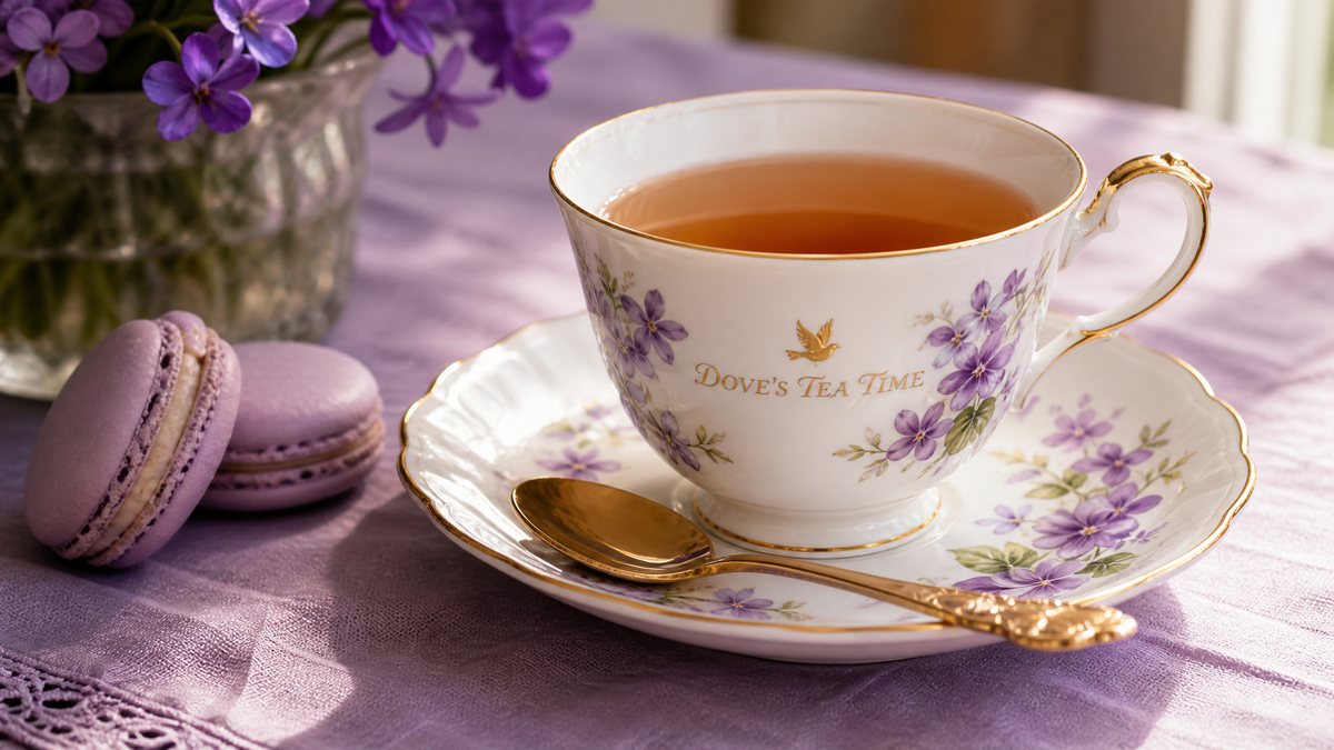 A violet-flowered bone china Dove's Tea Time teacup with a gold dove, gold spoon and lavender macarons