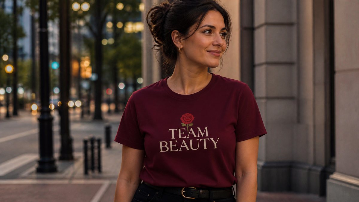 A woman at dusk wearing a burgundy Team Beauty t-shirt