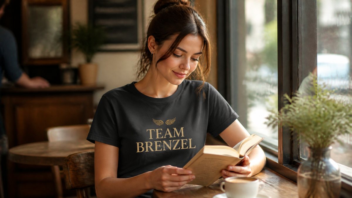 A reader in a cafe wearing a charcoal Team Brenzel t-shirt