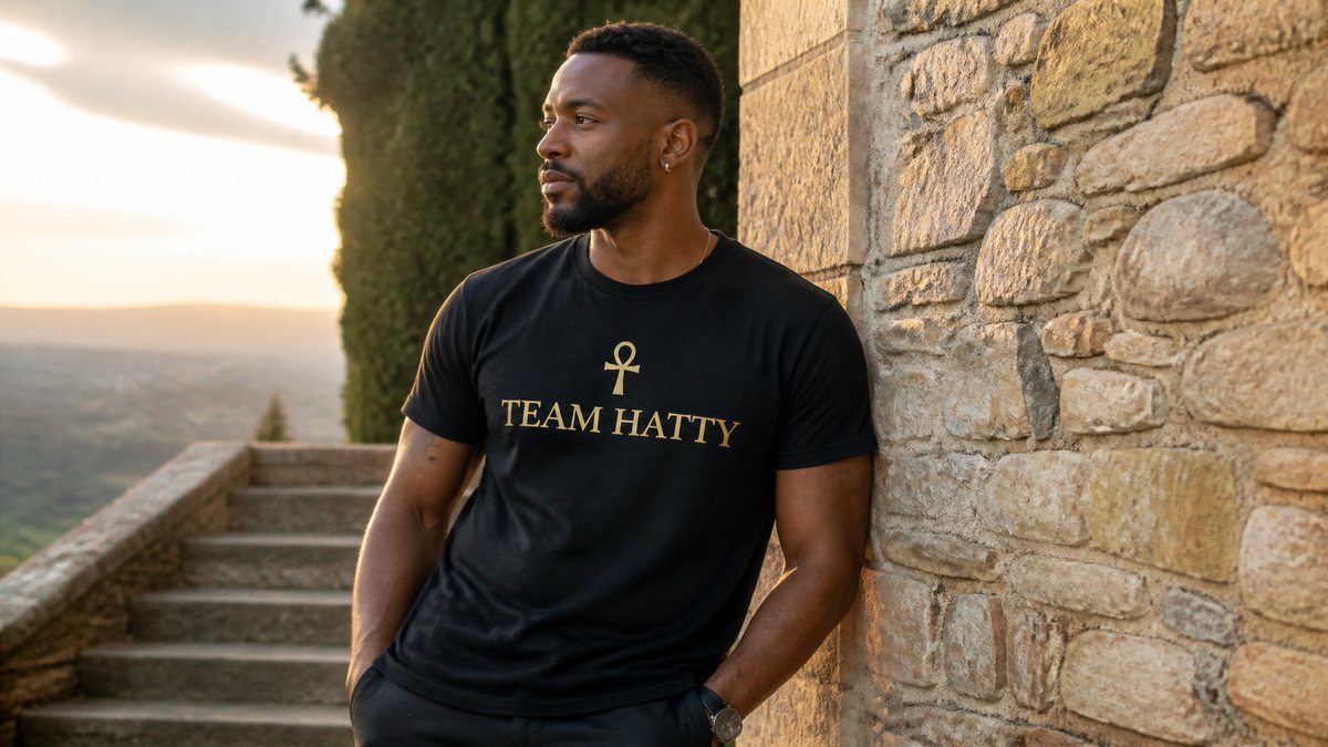 A man by a stone wall wearing a black Team Hatty t-shirt