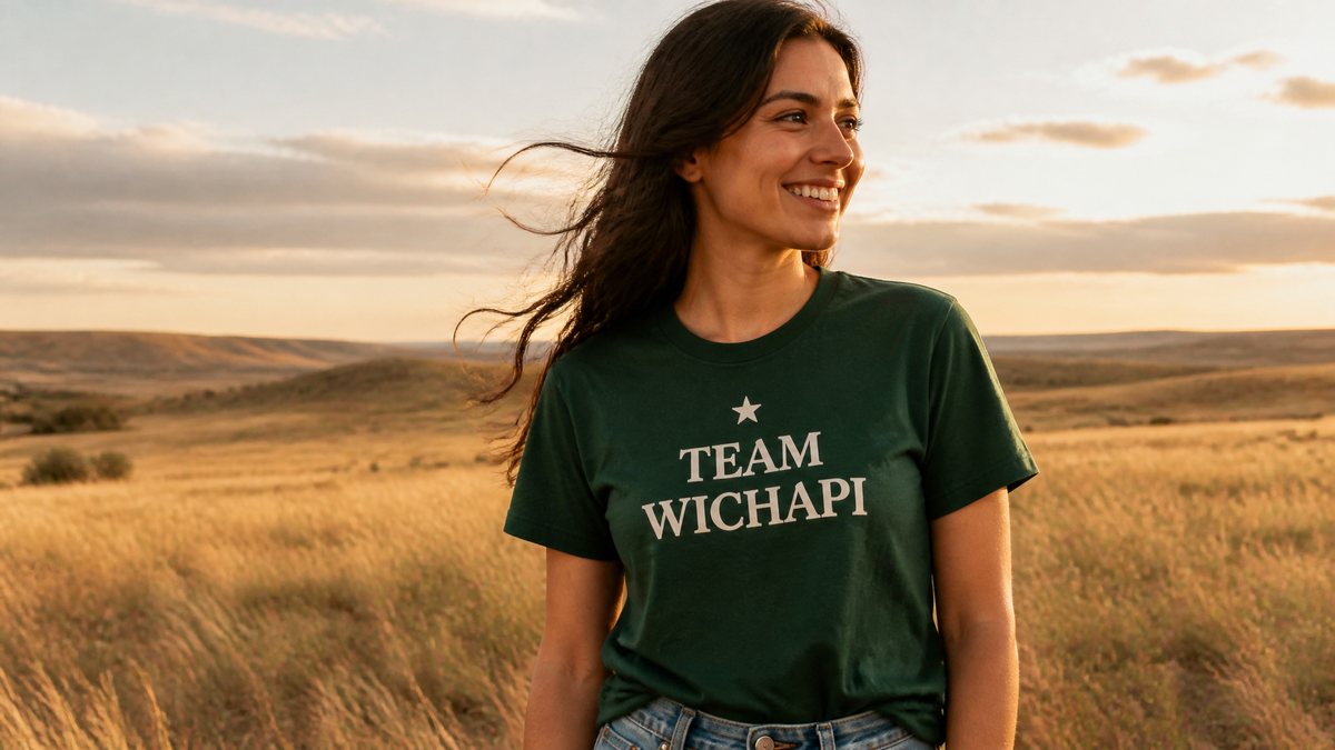 A woman on a golden prairie wearing a green Team Wichapi t-shirt