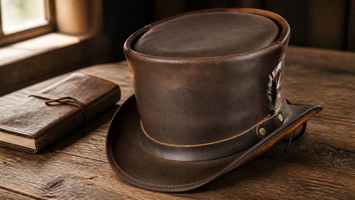 A brown leather top hat with a rolled brim, a studded band and a small feather, on a wooden table beside a leather journal