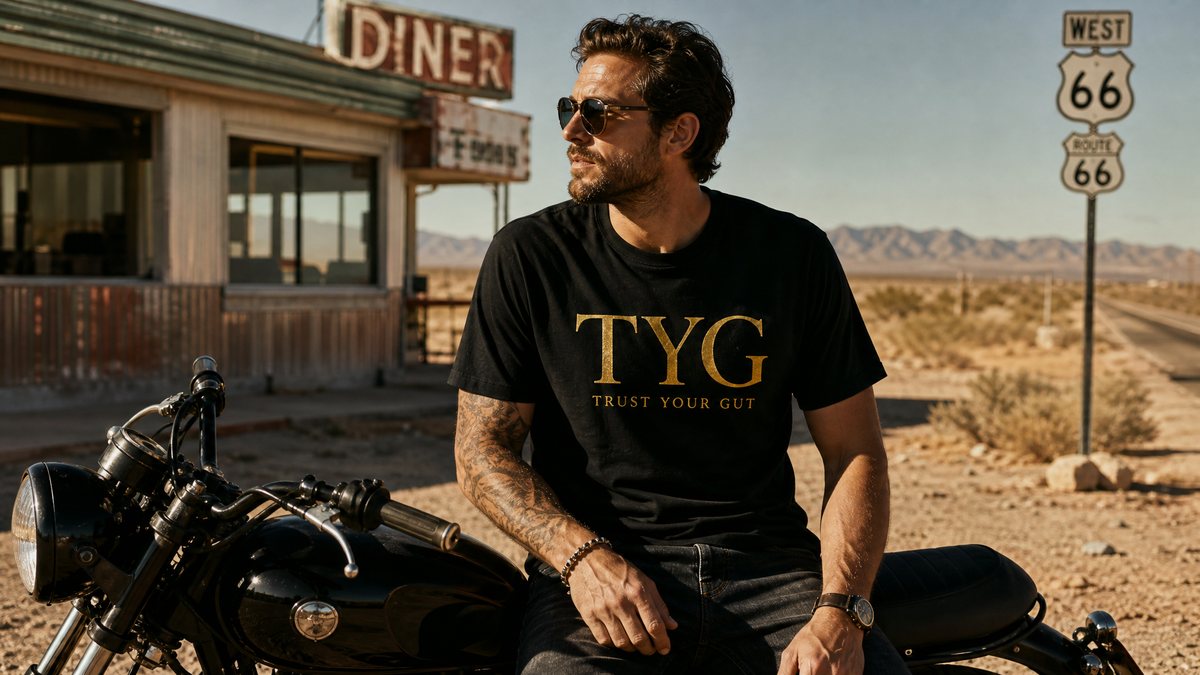 A rider at a Route 66 diner wearing a black TYG Trust Your Gut t-shirt